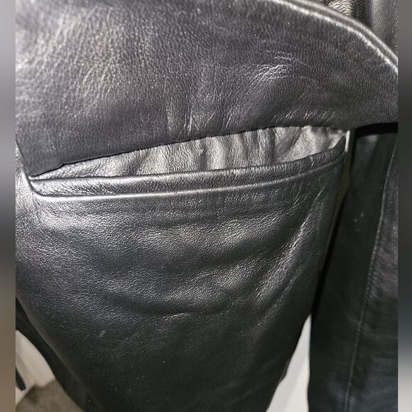 Vintage Real Leather Black Double Breasted Gold Button-up Leather Jacke… - Picture 4 of 8